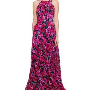 betsy & adam floral-print chiffon halter gown PINK  size 6 BNWT